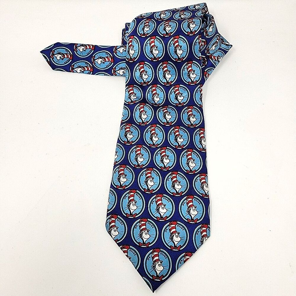 Vintage Dr Seuss Necktie Tie Cat In The Hat Blue 1996 100% Silk 57"